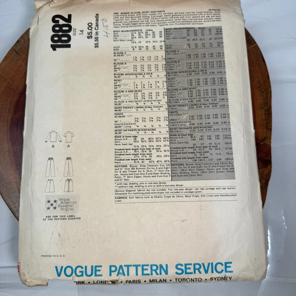 Vogue 1882 Anne Klein American Designer Sewing Pattern Blouse Skirt Pants Sz 14